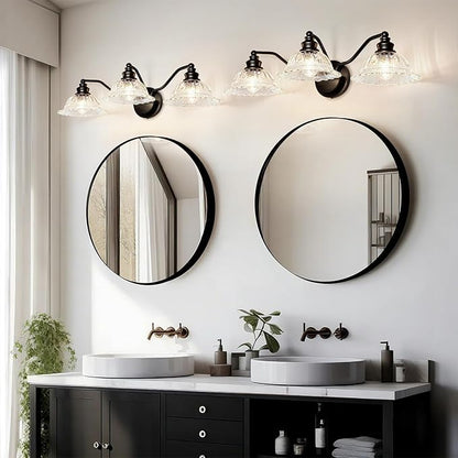 Redluck Vintage Bathroom Vanity Light Fixture, 3-Light Bathroom Lighting Fixtures Over Mirror, Matte Black Finish with Crystal Glass Shade, Wall Sconces Lighting for Bedroom, Living Room, Hallway