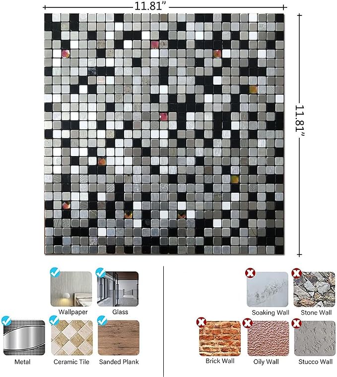 10 Pcs Peel and Stick Backsplash Mosaic Tiles, Self-Adhesive Wall Tile, Waterproof Oil Proof Stick On Tile for Kitchen, Bathroom Vanity, Fireplace & Laundry Room Decor (Mixed Dark&Silver)