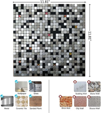 10 Pcs Peel and Stick Backsplash Mosaic Tiles, Self-Adhesive Wall Tile, Waterproof Oil Proof Stick On Tile for Kitchen, Bathroom Vanity, Fireplace & Laundry Room Decor (Mixed Dark&Silver)