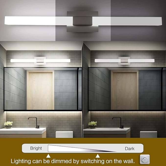 Bathroom Vanity Lighting fixtures 39.4" LED Satin Nickel Steel Frosted White Acrylic Shade Cool White Light 6000K for Bathroom