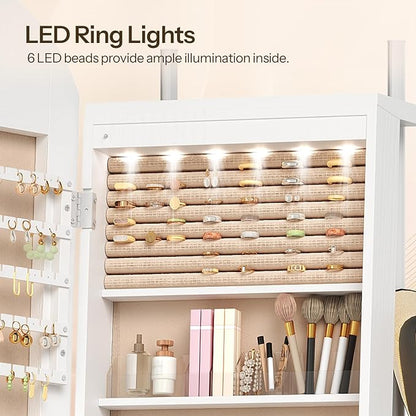 HOOBRO 360° Swivel Jewelry Cabinet with LED Lights, Standing Jewelry Organizer with Storage Shelf, Arched Full-Length Mirrored Jewelry Aromires, Lockable Jewelry Cabinet, Makeup Brush Boxes, White