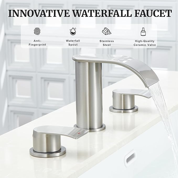 Ultimate Unicorn 8 inch Bathroom Faucet Brushed Nickel, Waterfall Bathroom Faucet with Metal Pop-up Sink Drain Stopper and 2 Supply Hoses,2 Handle Widespread Faucets for Vanity Sink 3 Holes