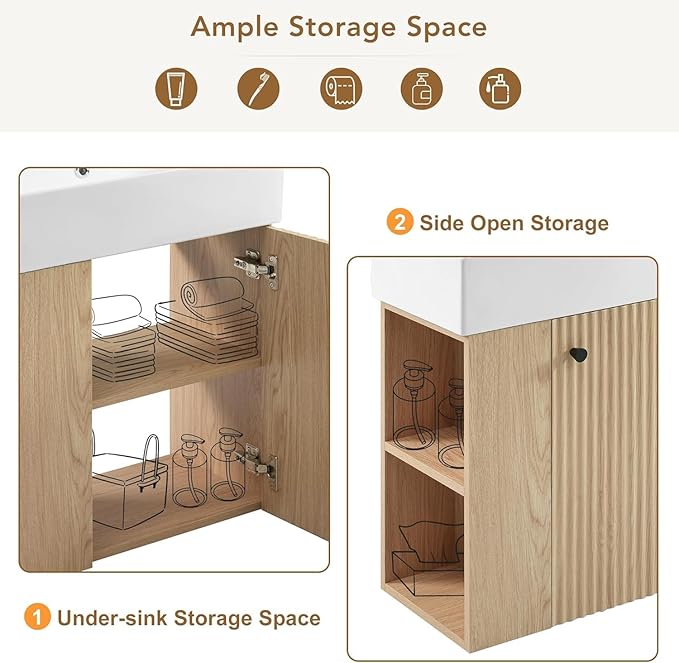 21.6 in Floating Bathroom Vanity with Sink,Soft Closing Doors,Solid Wood Frame & MDF Modern Single Small Natural Wood Bathroom Vanity Cabinet with Open Shelf,Wall Mounted