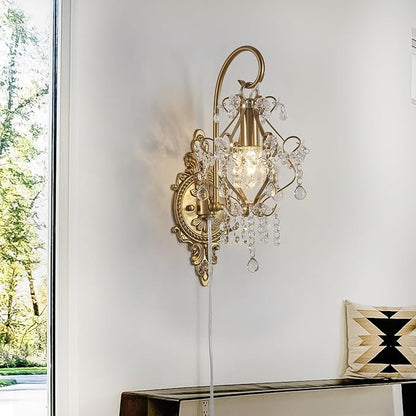 Plug in Cord Gold Crystal Vintage Indoor Wall Sconces Light Set of 2 | Modern Wall Mounted Lamp Light Fixture for Bedroom Living Room Bathroom Vanity Light Hallway Light Fixture Decor LED E12