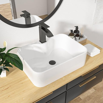 19"x15" Rectangle Bathroom Vessel Sink with Faucet Combo Porcelain Ceramic White Vanity Sink Above Counter Modern Sink with Faucet Hole for Lavatory, Hotel Art Basin, Home Washing Basin