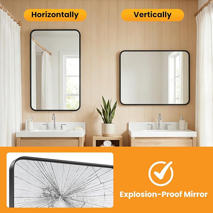 OLIXIS Bathroom Mirror 22x30 Inch, Wall Mount Vanity Mirrors for Over Sink | Rectangle Mirror with Matte Metal Framed, Modern Wall Mount Vanity Mirrors for Home Decor, Living Room, Bedroom, Black