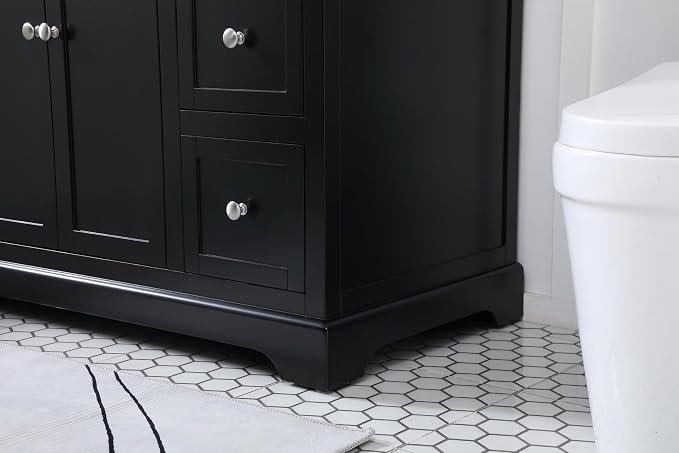 48" Pre-Assembled Bathroom Vanity with Sink, Solid Birch and MDF, Carrara White Marble Countertop Attached, Single Rectangle Porcelain Sink, 6 Soft-Close Drawers, Black