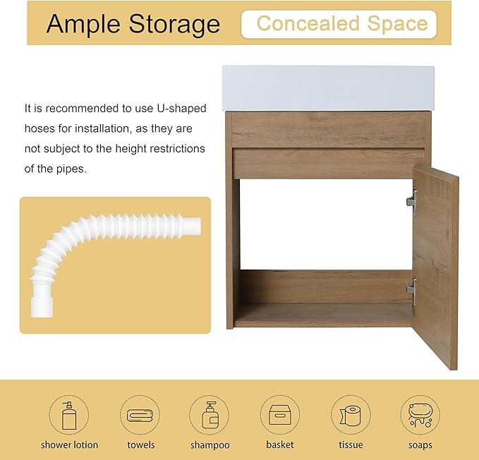 Malwee 18" Floating Bathroom Vanity with Sink, 18 Inch Single Sink Wall Mounted Bathroom Vanity, with 1 Door and White Resin Basin Top for Small Spaces(005-18)