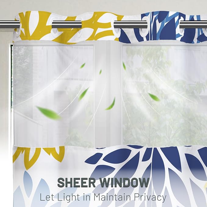 No Hook Floral Shower Curtain with Liner, Yellow, 71x74 | Snap in Liner, 3 in 1, Water Repellent, Easy Install, Machine Washable, Hotel Style for Bathroom, Watercolor Pattern