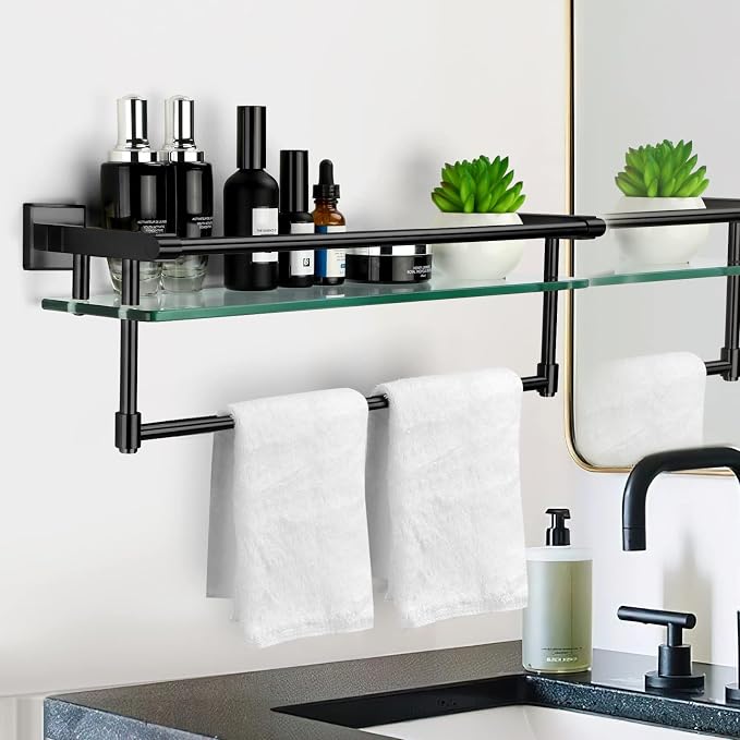 20-inch Glass Shelf with Towel bar, Matte Black-Finished Rail, Rectangular Stainless Steel Shelf, wall-Mounted Storage Rack