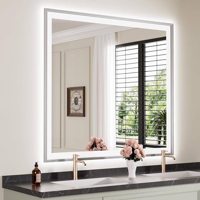 40x36 Inch LED Bathroom Mirror with Silver Frame | Silver Metal Frame, Front and Backlit, 3 Colors, Dimmable, Memory, Anti Fog, Tempered Glass, Lighted Mirror for Wall
