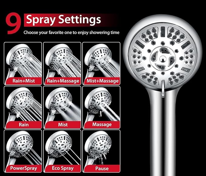 GRICH Shower Head with Handheld Spray - Dual High Pressure Showerhead | Rainfall Shower Heads Combo, Detachable Hand Shower, 9 Spray Settings, 60" Stainless Steel Shower Hose, 2.5GPM, Chrome