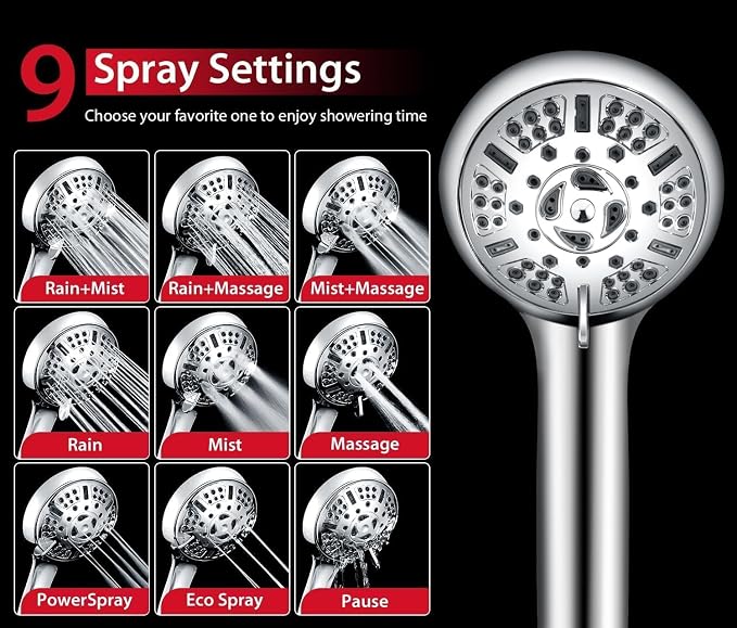 GRICH Shower Head with Handheld Spray - Dual High Pressure Showerhead | Rainfall Shower Heads Combo, Detachable Hand Shower, 9 Spray Settings, 60" Stainless Steel Shower Hose, 2.5GPM, Chrome