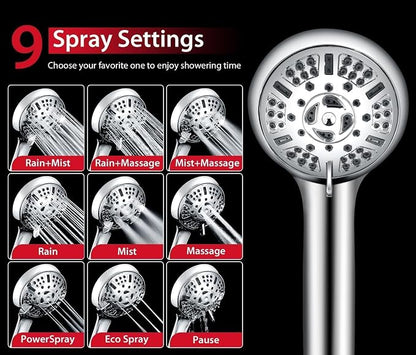GRICH Shower Head with Handheld Spray - Dual High Pressure Showerhead | Rainfall Shower Heads Combo, Detachable Hand Shower, 9 Spray Settings, 60" Stainless Steel Shower Hose, 2.5GPM, Chrome
