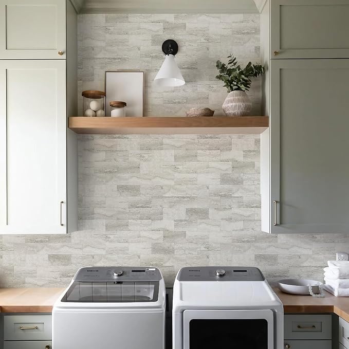 Vamos Tile 4-Piece Beige Mixed Grey Peel and Stick Backsplash Seamless Tile | 3''x6'' PVC Subway Tile,Matt Slate Stick on Backsplash for Kitchen/Bathroom/Fireplace/Laundry/Camper