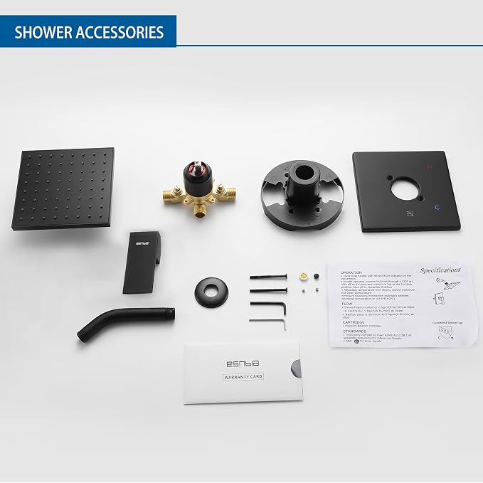 Esnbia Matte Black Tub Shower Kit, 6-Inch Rain Head, Valve, Trim Kit | Complete tub and shower trim kit with 6-inch rainfall head, single-handle control, tub spout, and valve. Matte Black finish.
