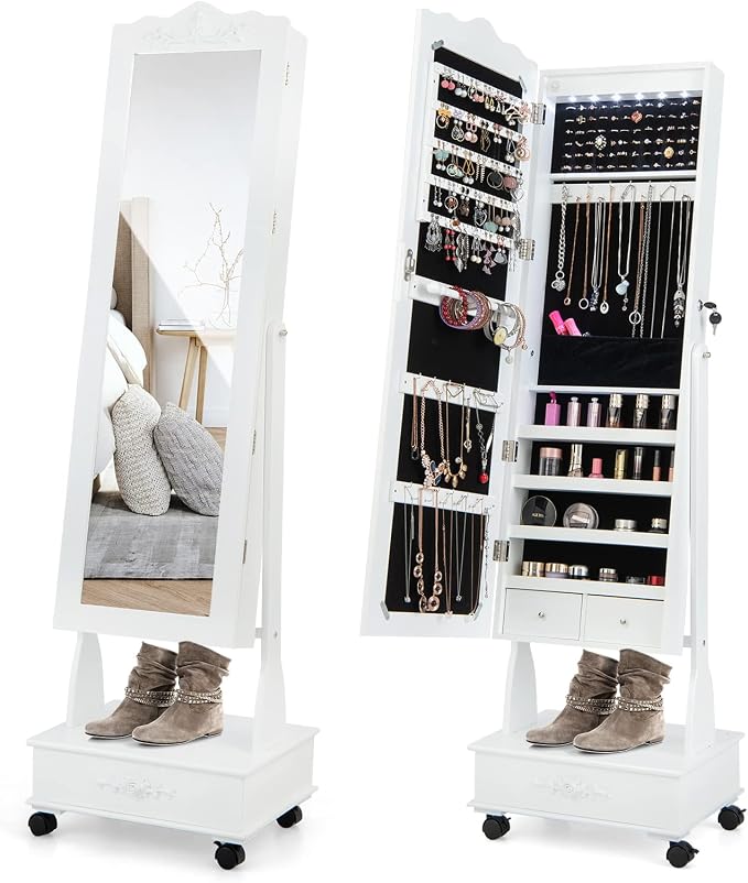GOFLAME Jewelry Cabinet Armoire Freestanding, Lockable Jewelry Organizer with 3-position Adjustable Angle, Wheels, Full-length Mirror, Bottom Drawer, Jewelry Storage Box for Living Room Bedroom, White