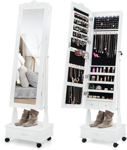 GOFLAME Jewelry Cabinet Armoire Freestanding, Lockable Jewelry Organizer with 3-position Adjustable Angle, Wheels, Full-length Mirror, Bottom Drawer, Jewelry Storage Box for Living Room Bedroom, White