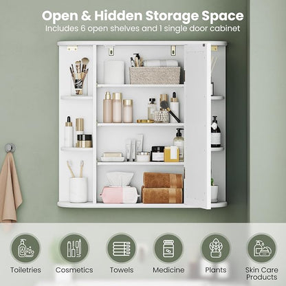 GIANTEX Bathroom Medicine Cabinet (White) | Wall Mounted Medicine Cabinet with Mirrored Door & 4 Interior Shelves, 6 Open Shelves, Space-saving Storage Cabinet