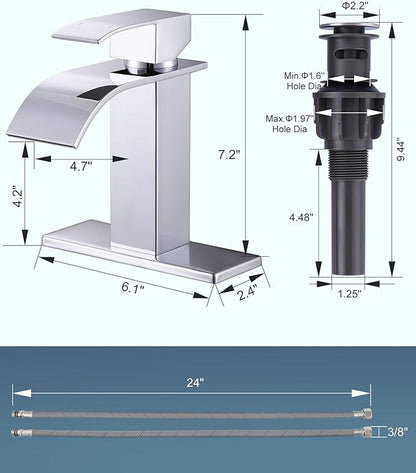 ARCORA Waterfall Bathroom Faucet Chrome: Modern Single Handle Bathroom Faucet for 1 or 3 Hole - Bathroom Sink Faucet with Pop Up Drain and Supply Lines