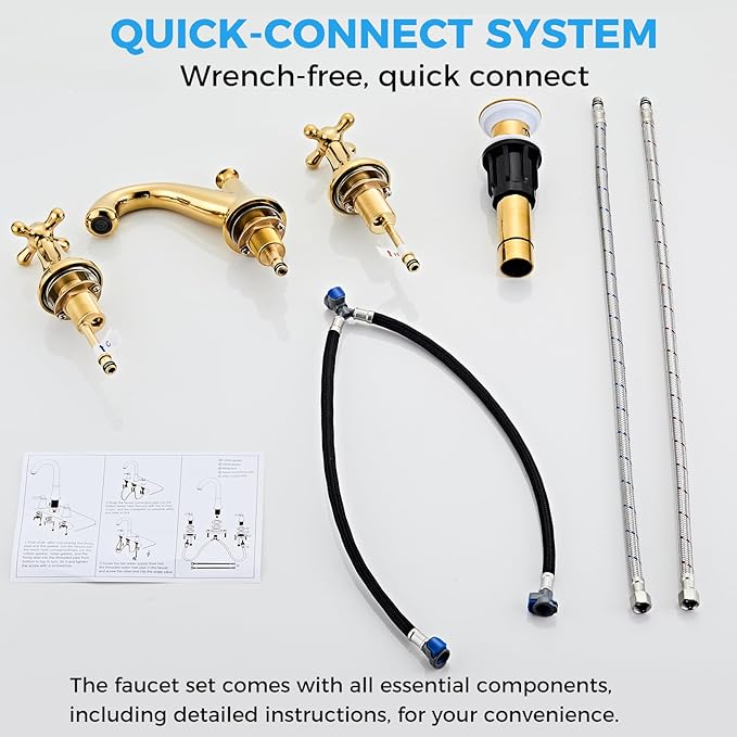 Gold Bathroom Faucet Vintage Widespread Faucets 3-Hole Sink Faucet with Drain Assembly Solid Brass Drip-Free Ceramic Cartridge Adjustable 8-16 Inch Installation