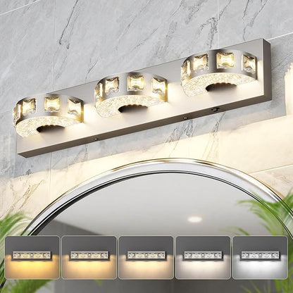 LED Modern Bathroom Vanity Lights 24W 21.6 inch Dimmable 5CCT Brushed Nickel Wall Lighting (3-Light) Crystal Bathroom Light Fixtures for Bathroom Mirror Restroom-ETL Certificated