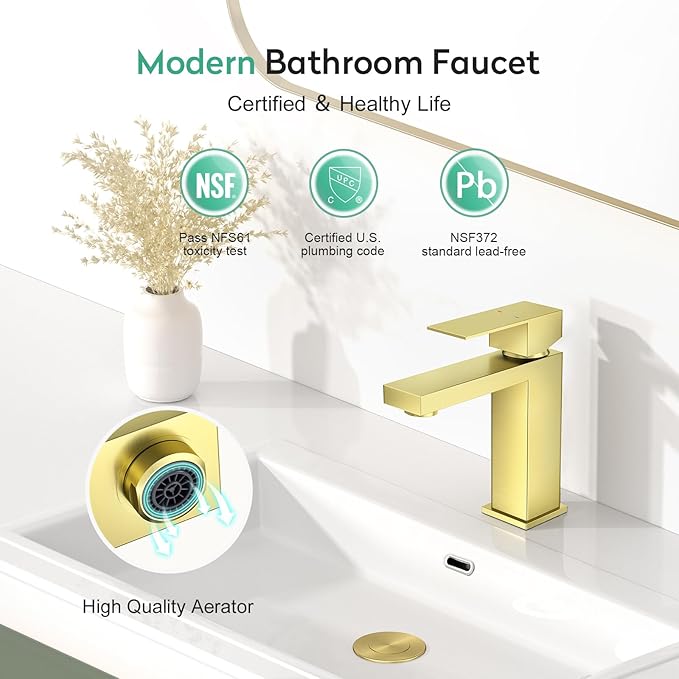 Faustina Light Gold Bathroom Faucet, Single Handle Stainless Steel Bathroom Vanity Faucet with Metal Pop-Up Drain & Deck Plate for 1 or 3 Hole