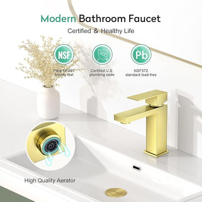 Faustina Light Gold Bathroom Faucet, Single Handle Stainless Steel Bathroom Vanity Faucet with Metal Pop-Up Drain & Deck Plate for 1 or 3 Hole