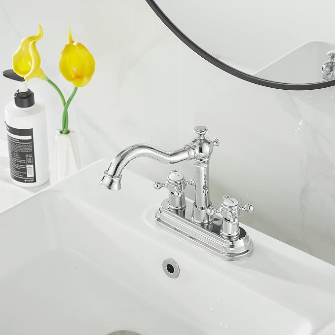 Polished Chrome Bathroom Faucet 2 Handles 4 Inches Centerset Bathroom Vanity with Drain Assembly and Supply Hose Lavatory Faucet