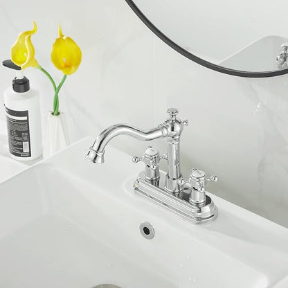 Polished Chrome Bathroom Faucet 2 Handles 4 Inches Centerset Bathroom Vanity with Drain Assembly and Supply Hose Lavatory Faucet