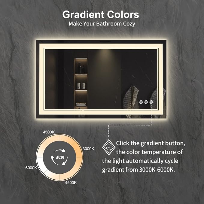 Lighted Vanity Mirror, 40x24 Inch Gradient Front and Backlight LED Vanity Mirror, 3 Colors Dimmable CRI>90 Double Lights, IP54 Enhanced Anti-Fog, Hanging Plates Wall Mount Bathroom Mirror