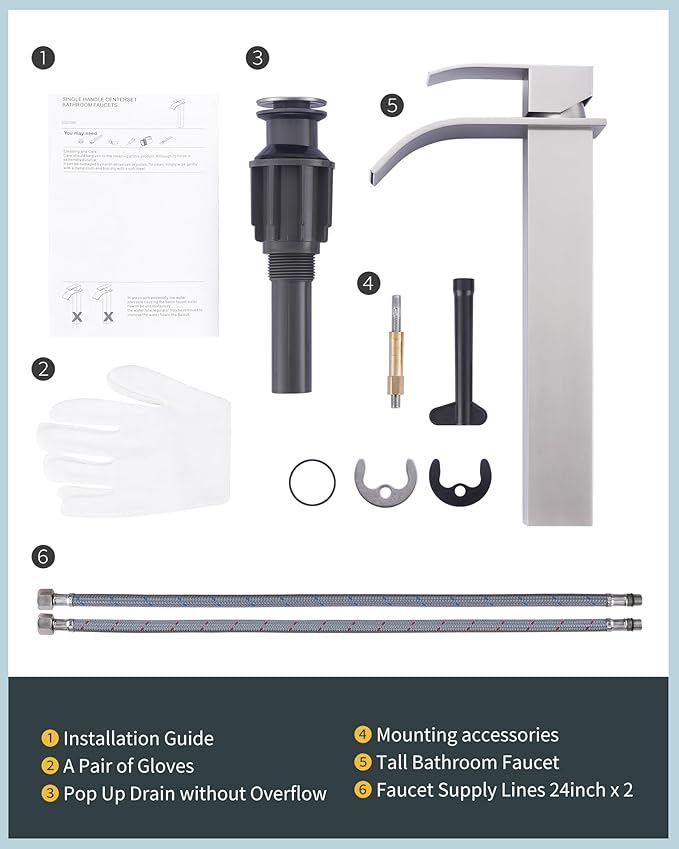 Vessel Sink Faucet Brushed Nickel: ARCORA Single Hole Tall Bathroom Faucet, Single Handle Tall Waterfall Bathroom Faucet with Pop Up Drain and cUPC Supply Lines
