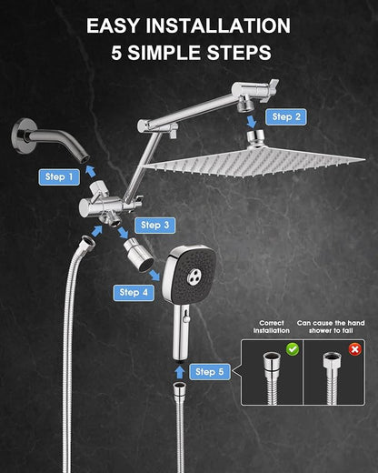10" Rainfall Shower Head with Handheld Combo, High Pressure Dual Showerhead with Square Rain& Magnetic Hand Sprayer, 15" Adjustable Metal Extension Arm (Chrome)