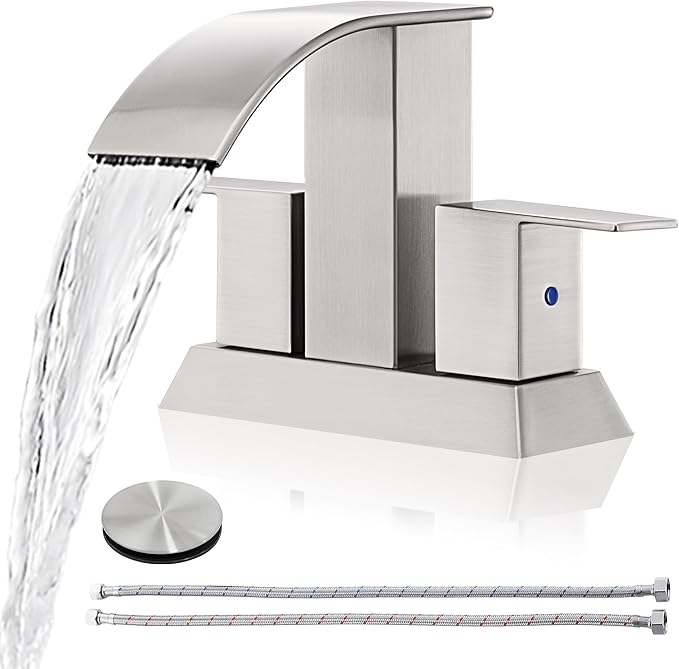 Brushed Nickel Waterfall Bathroom Faucet - 4Inch 2 or 3 Holes Centerset Faucet Bathroom | Two Handles RV Lavatory Basin Vanity Sink Faucets with Overflow Pop-up Drain Assembly & Supply Lines