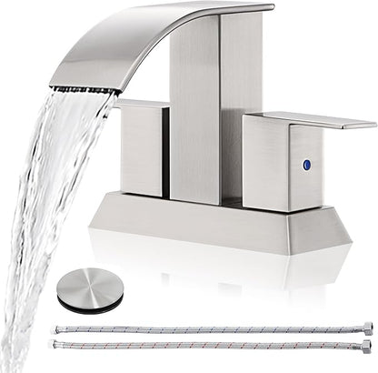 Brushed Nickel Waterfall Bathroom Faucet - 4Inch 2 or 3 Holes Centerset Faucet Bathroom | Two Handles RV Lavatory Basin Vanity Sink Faucets with Overflow Pop-up Drain Assembly & Supply Lines