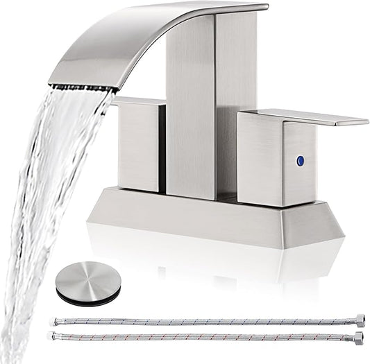 Brushed Nickel Waterfall Bathroom Faucet - 4Inch 2 or 3 Holes Centerset Faucet Bathroom | Two Handles RV Lavatory Basin Vanity Sink Faucets with Overflow Pop-up Drain Assembly & Supply Lines