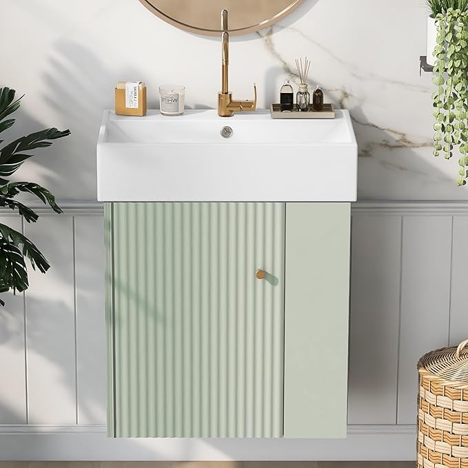 BNSPLY 22 Inch Floating Bathroom Vanity with Sink, Wall Mounted Bathroom Vanity Cabinet with Ceramic Sink, Modern Single Basin Vanities, Small Restroom Basin Cabinet with Right Side Storage, Green