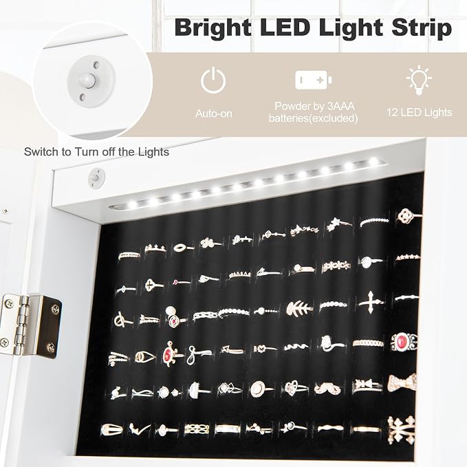 NAFORT Standing Mirror Jewelry Cabinet with 12 LED Lights, Large Storage Mirror Full Length, Jewelry Armoire with 3 Storage Shelves, 3 Angle Adjustments, White