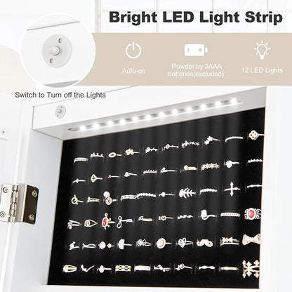 NAFORT Standing Mirror Jewelry Cabinet with 12 LED Lights, Large Storage Mirror Full Length, Jewelry Armoire with 3 Storage Shelves, 3 Angle Adjustments, White