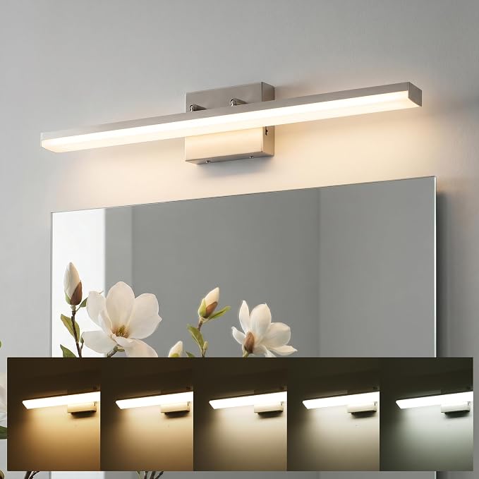 mirrea 32in 5CCT Brushed Nickel LED Vanity Lights for Bathroom Over Mirror | 5 color temperatures,Adjustable light angle,ETL listed,Dimmable,Bathroom lighting fixtures,Eye-friendly,Frosted acrylic shade