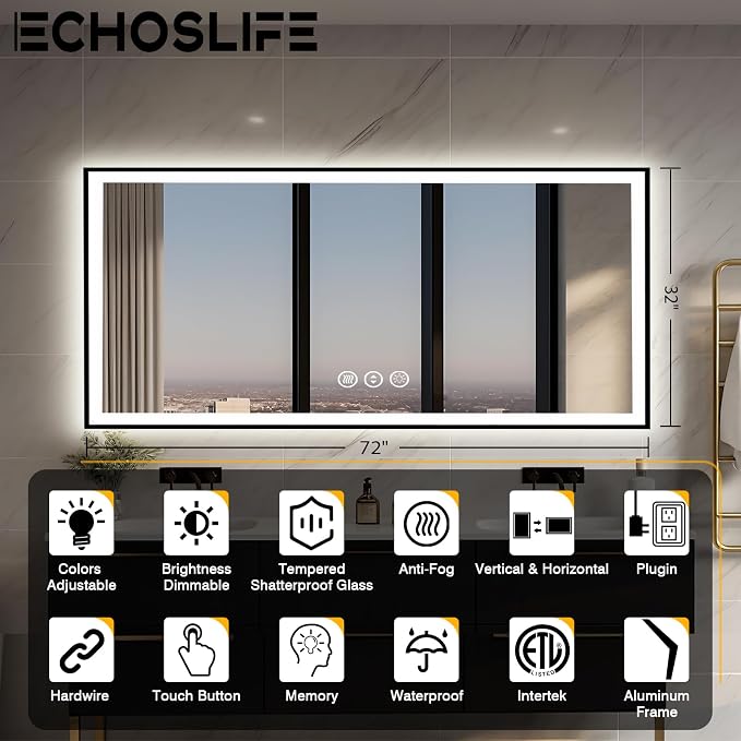 EchosLife 72x32 LED Bathroom Vanity Mirror - Black Aluminum Framed | Black Frame, Front and Backlit, Anti-Fog, Stepless Dimmable, 3 Colors, Memory, Tempered Glass, UL Listed, Horizontal/Vertical
