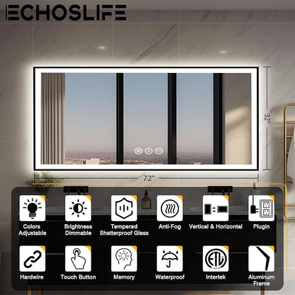 EchosLife 72x32 LED Bathroom Vanity Mirror - Black Aluminum Framed | Black Frame, Front and Backlit, Anti-Fog, Stepless Dimmable, 3 Colors, Memory, Tempered Glass, UL Listed, Horizontal/Vertical