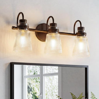 3-Light Bathroom Vanity Light, Farmhouse Bathroom Light Fixture with Clear Striped Glass Shade, 18.8 Inch Oil Rubbed Bronze Wall Sconce Lighting Over Mirror for Bedroom Hallway Cabinet