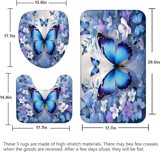 Chrainy 4pcs Blue Butterfly Shower Cutain Set Bathroom Decor with Rugs | Floral Bath Accessories with Waterproof Curtain, Bath Mat, Toilet Lid Cover, U-Shaped Rug and 12 Hooks for Washroom, 71*71in