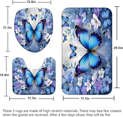 Chrainy 4pcs Blue Butterfly Shower Cutain Set Bathroom Decor with Rugs | Floral Bath Accessories with Waterproof Curtain, Bath Mat, Toilet Lid Cover, U-Shaped Rug and 12 Hooks for Washroom, 71*71in