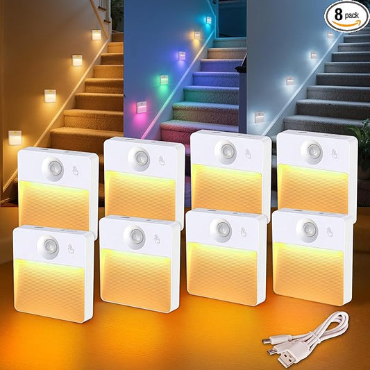 8 Pack Rechargeable Motion Sensor Stair Light for Indoor, RGBW Battery Operated Closet Lights, Stick On Night Lamp, Motion Activated Magnetic Lighting Lamps for Step,Cabinet,Hallway,Bathroom