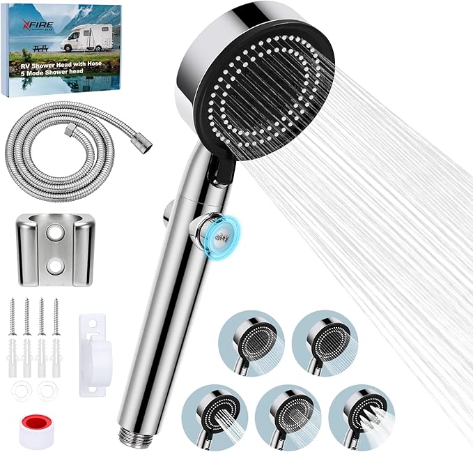 5+1 Mode High Pressure Replacement Silver RV Shower Head with Hose | On/Off Switch, Water Saving Motorhome Shower Head for RV/Campervan, Caravan