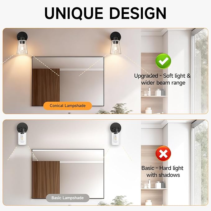 TALOYA 4 Inch Brushed Black Bathroom Light Fixtures with Thickend Clear Tapered Glass Shade, Set of 2 Modern Vanity Light Over Mirror for Bathrooms, Bedrooms (Bulbs Not Included)