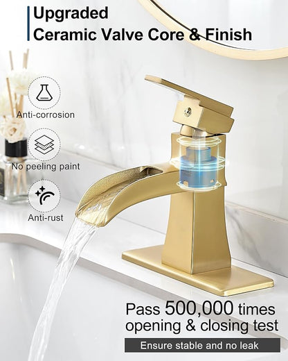 Brass Waterfall Faucet, Brushed Gold Bathroom Faucet, Single Handle for One Hole or 3 Holes 4 Inch with Pop-Up Drain, Pre-Installed Supply Hoses and Deck Plate for Vanity RV Farmhouse Modern