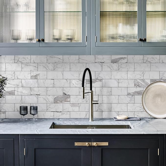 Vamos Tile 100-Piece Glossy Statury White Peel and Stick Backsplash Tile,3''x6'' PVC Subway Tile with Dark Gray Grout, Stick on Backsplash for Kitchen/Bathroom/Fireplace